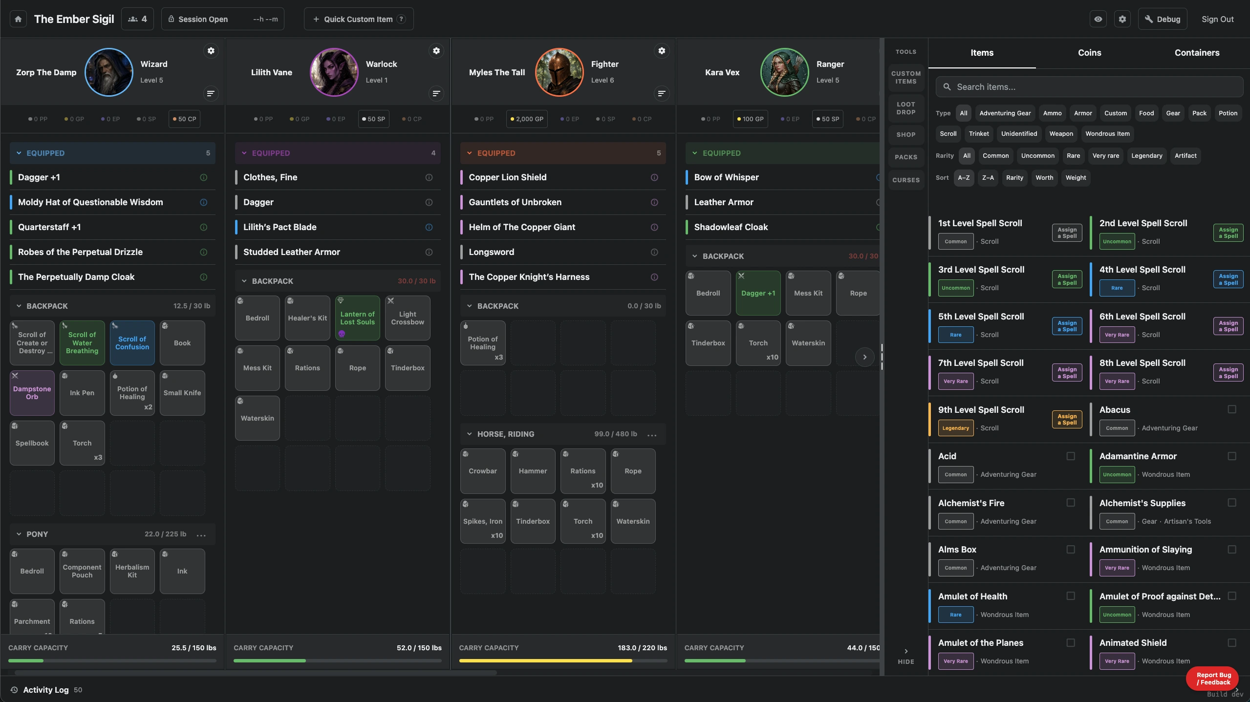 The Loot Stash DM dashboard showing each party member's live inventory, currencies, and a shop of magic items.