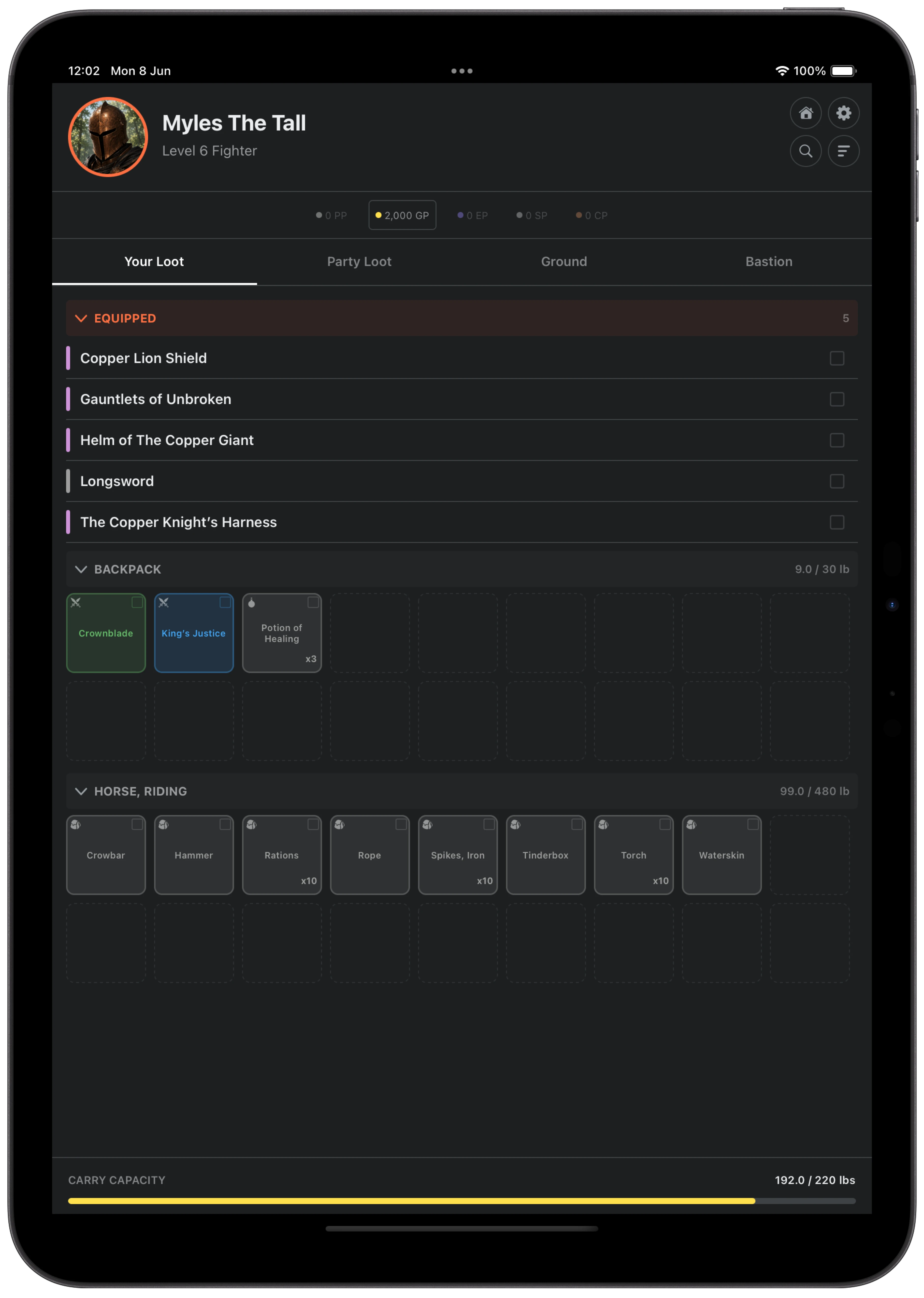 The Loot Stash player app on an iPad.
