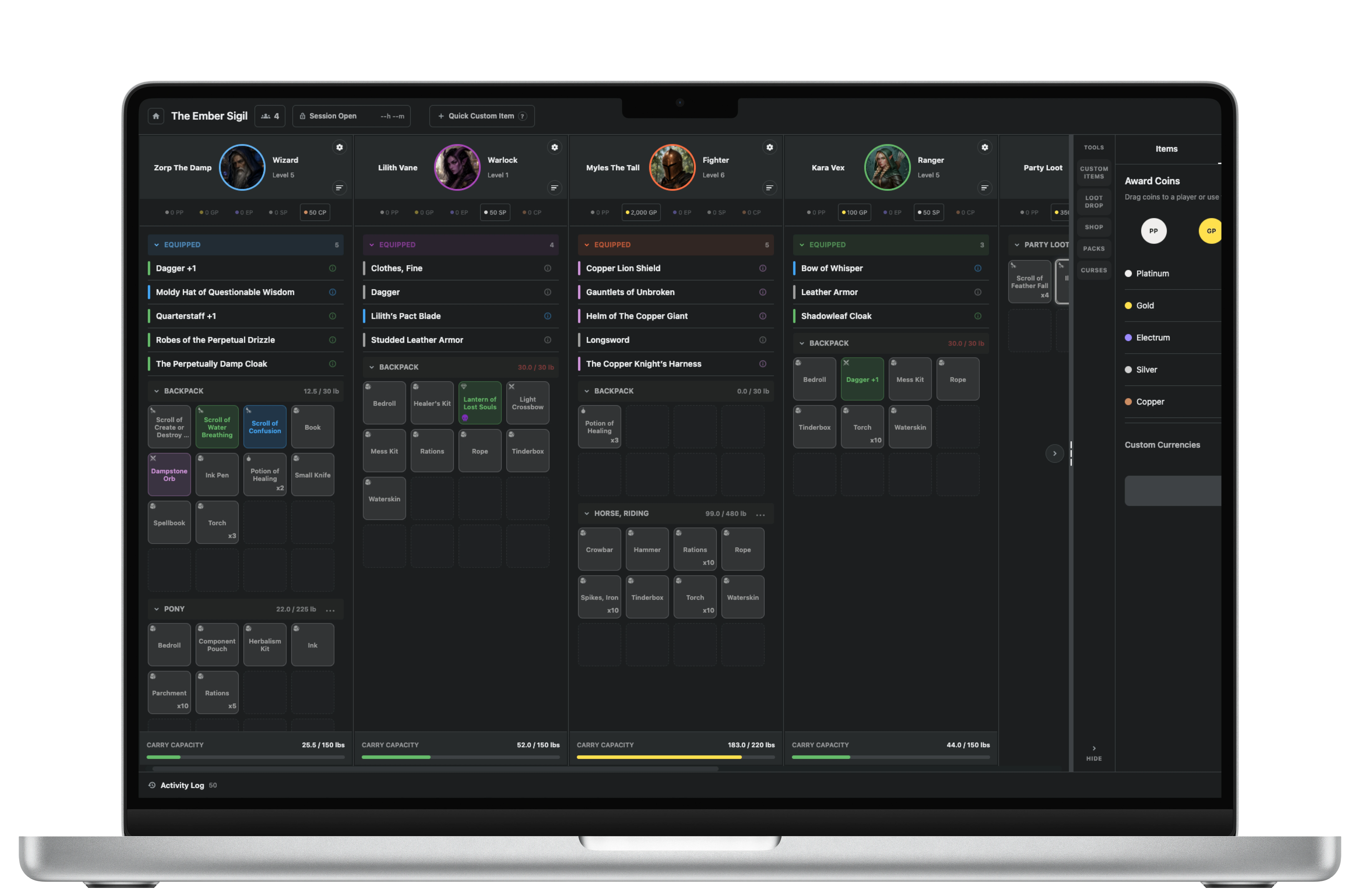 Loot Stash running in a web browser on a MacBook.